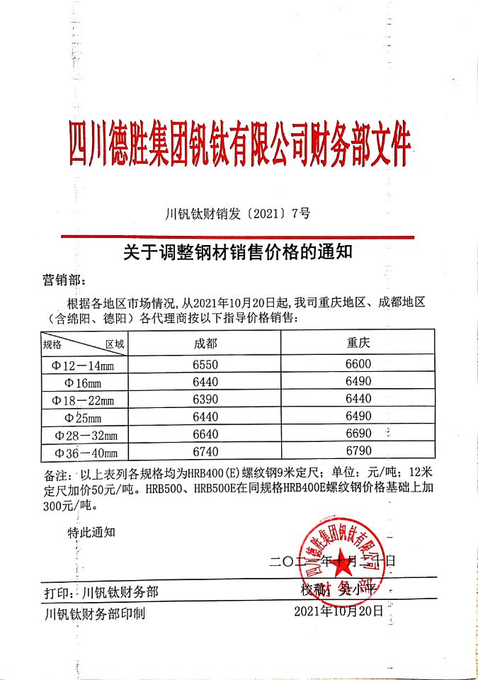 四川德胜集团钒钛有限公司10月20日钢材销售指导价